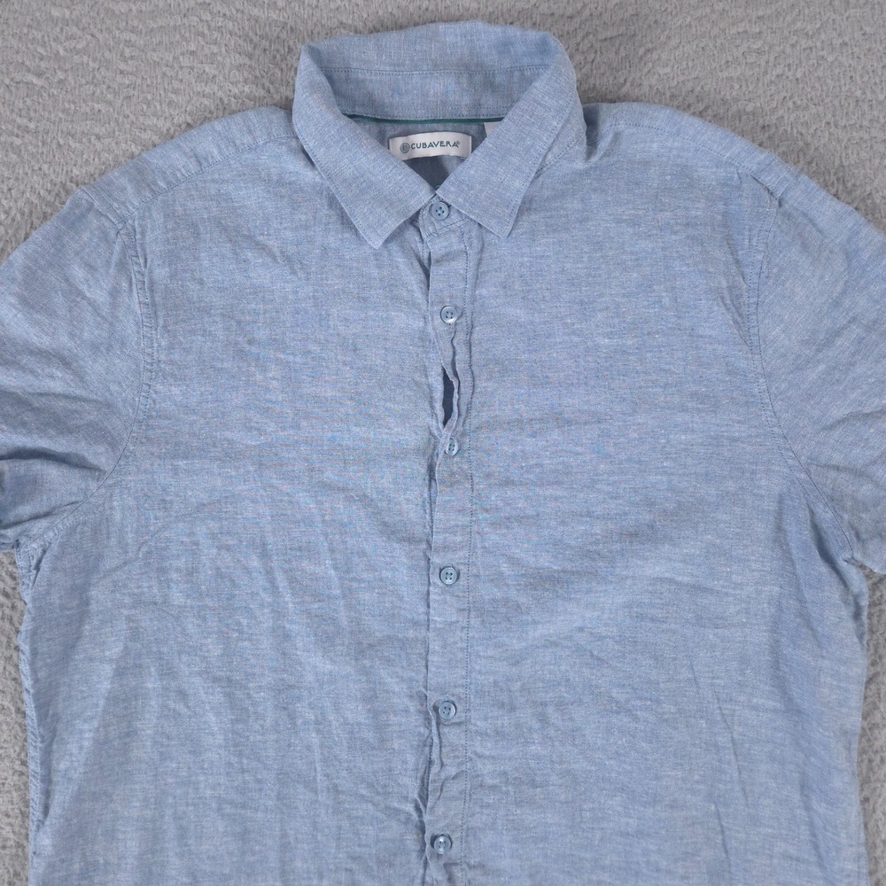 Cubavera Shirt Men Large Blue Chambray Short Sleeve Light Wash Button Down Linen
